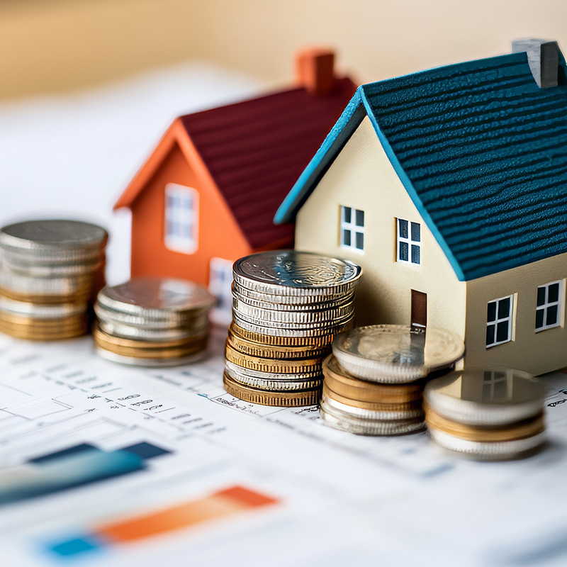 Model houses next to stacked coins on financial charts, illustrating the role of financial services firms in housing affordability and financial access.
